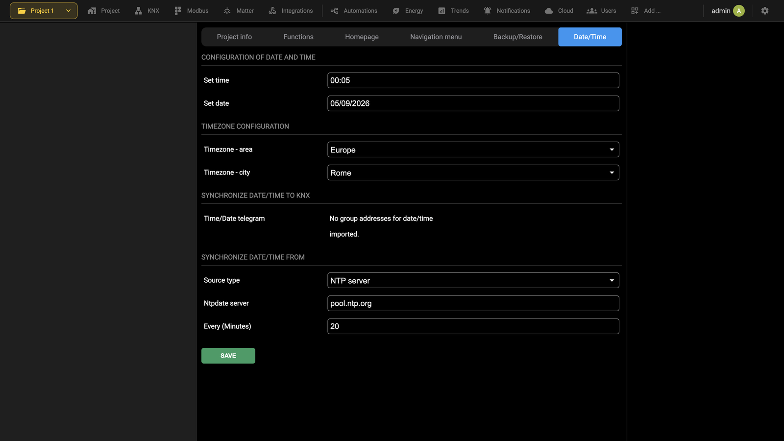 The Date/Time tab of the project card