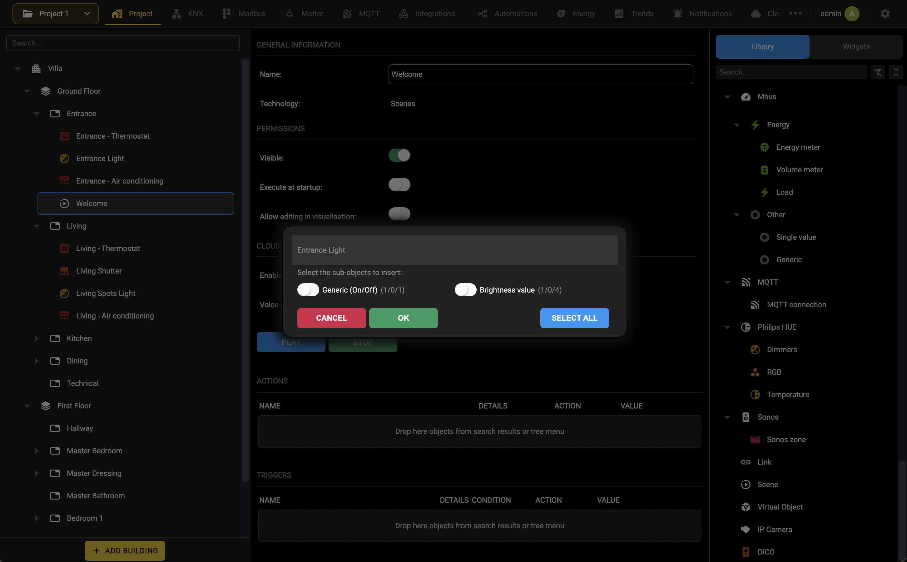 The dialog that asks which sub-objects of a widget to insert