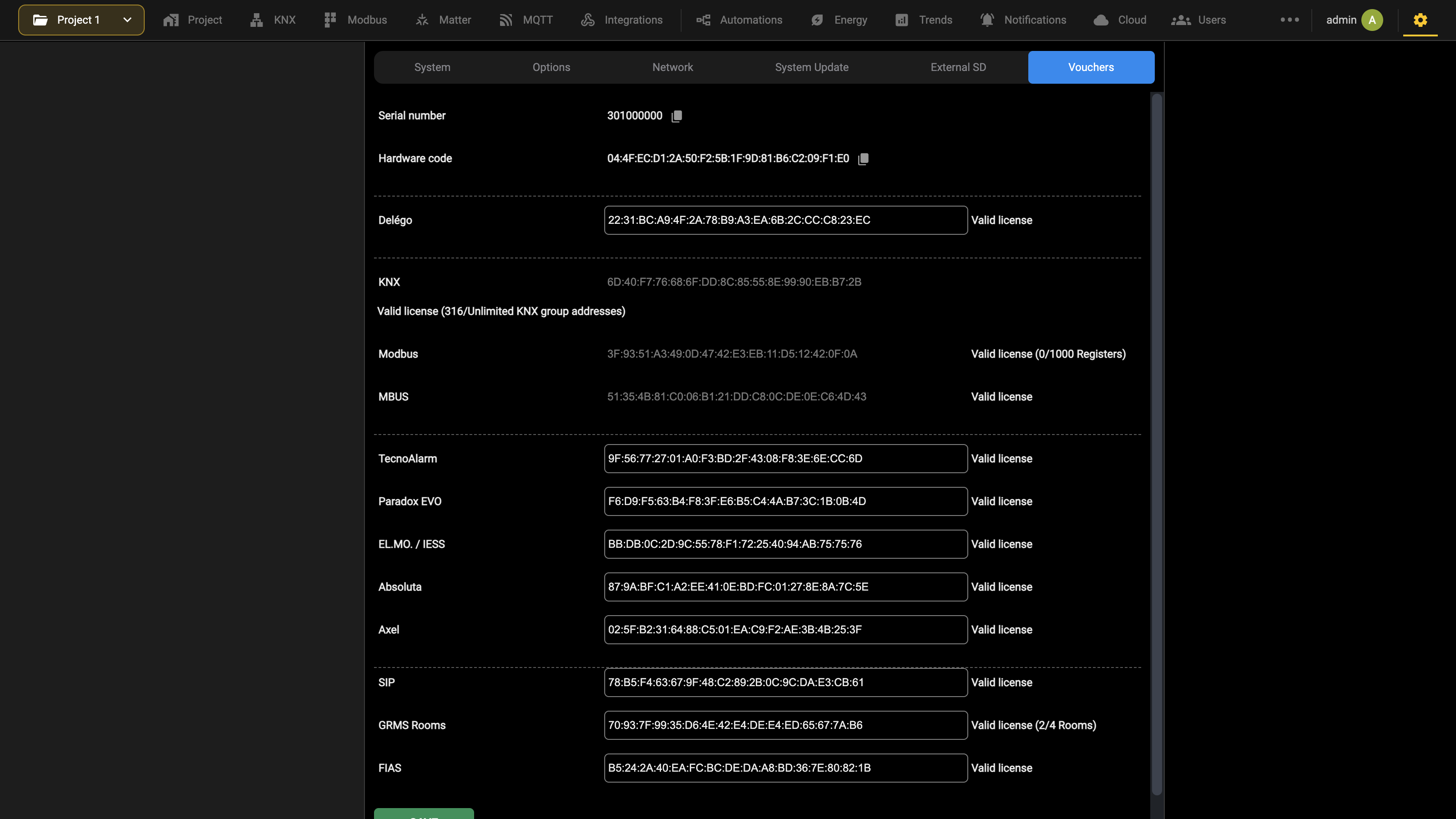 The Vouchers page with the licenses applied