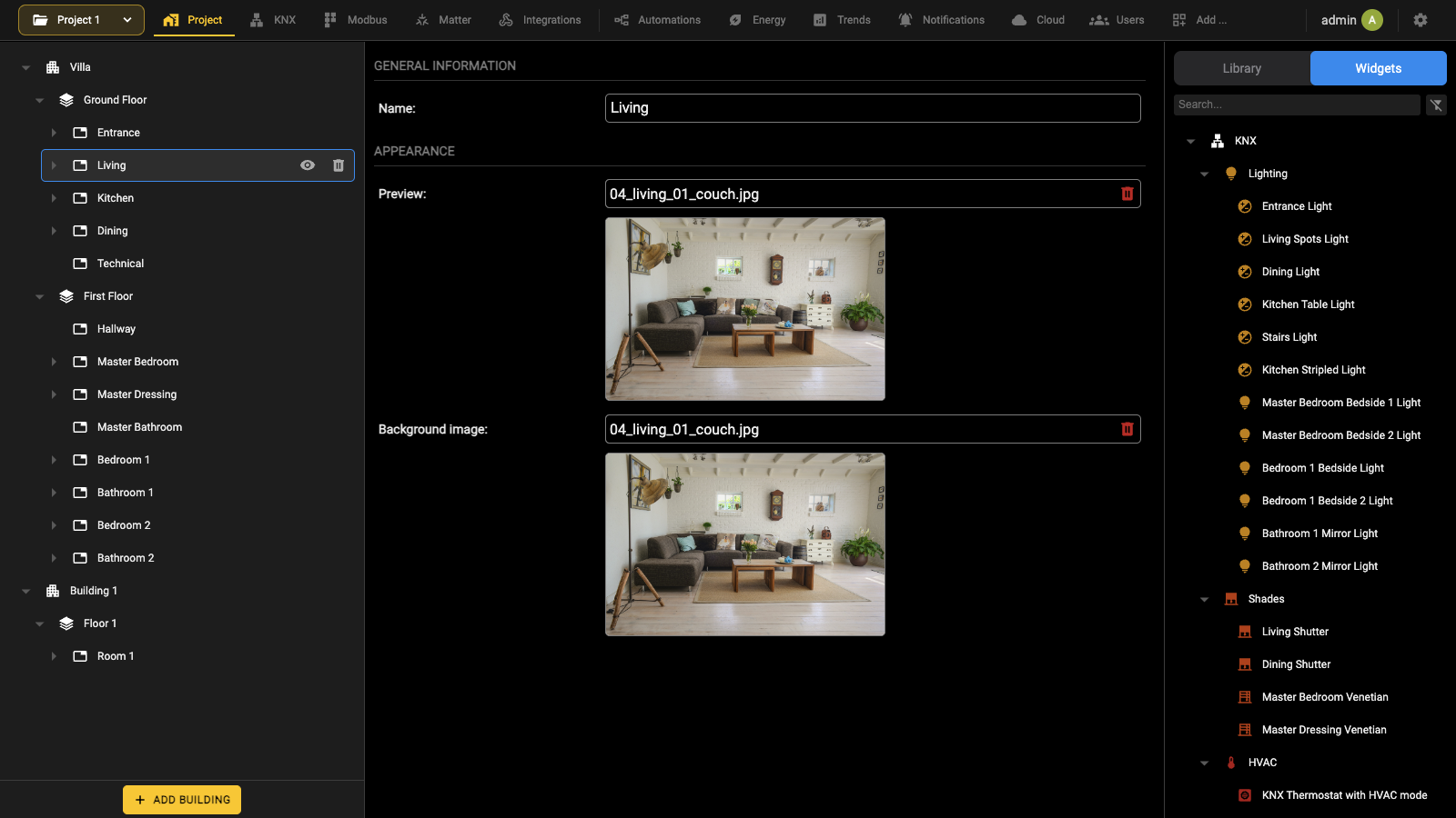 Widgets panel