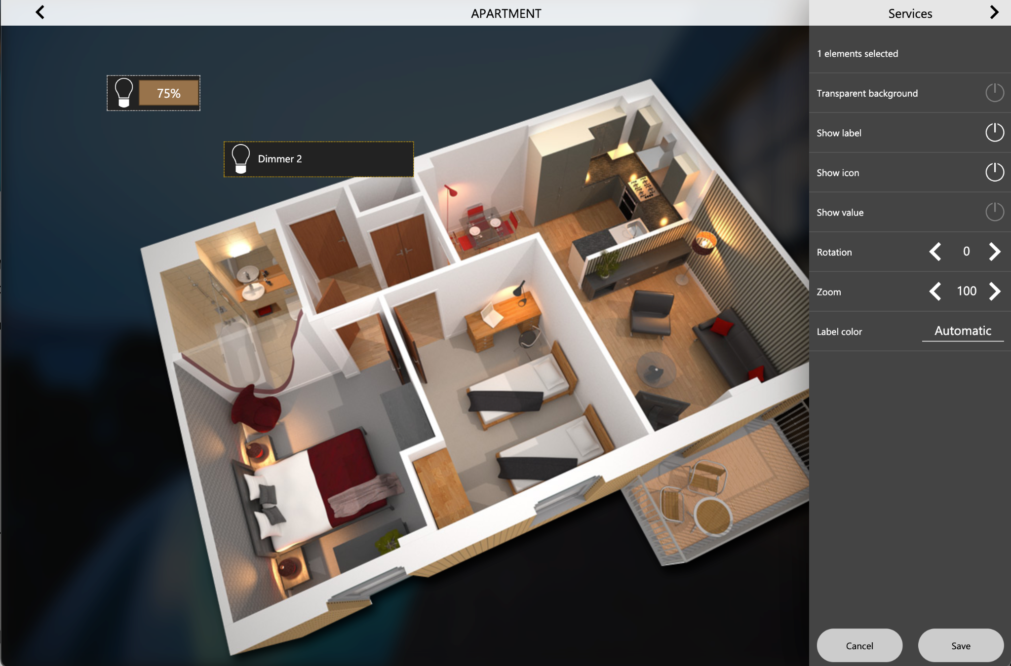 A room shown as a plan, with the Options panel open