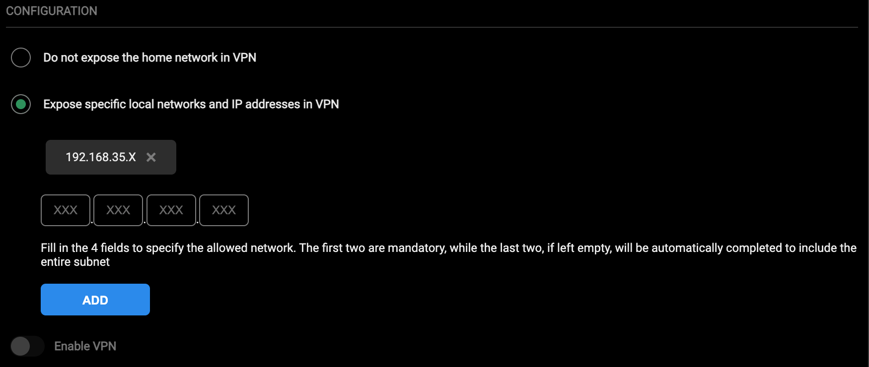 Exposed addresses entered in the VPN form