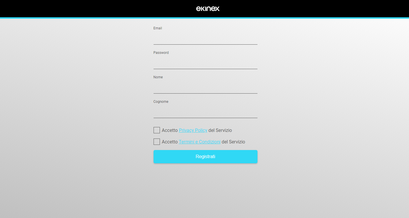 EKINEX cloud account registration form