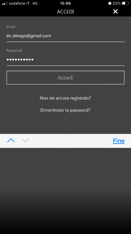 Cloud account login form in the mobile app