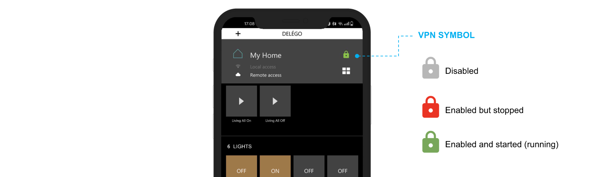 VPN padlock on the app home page