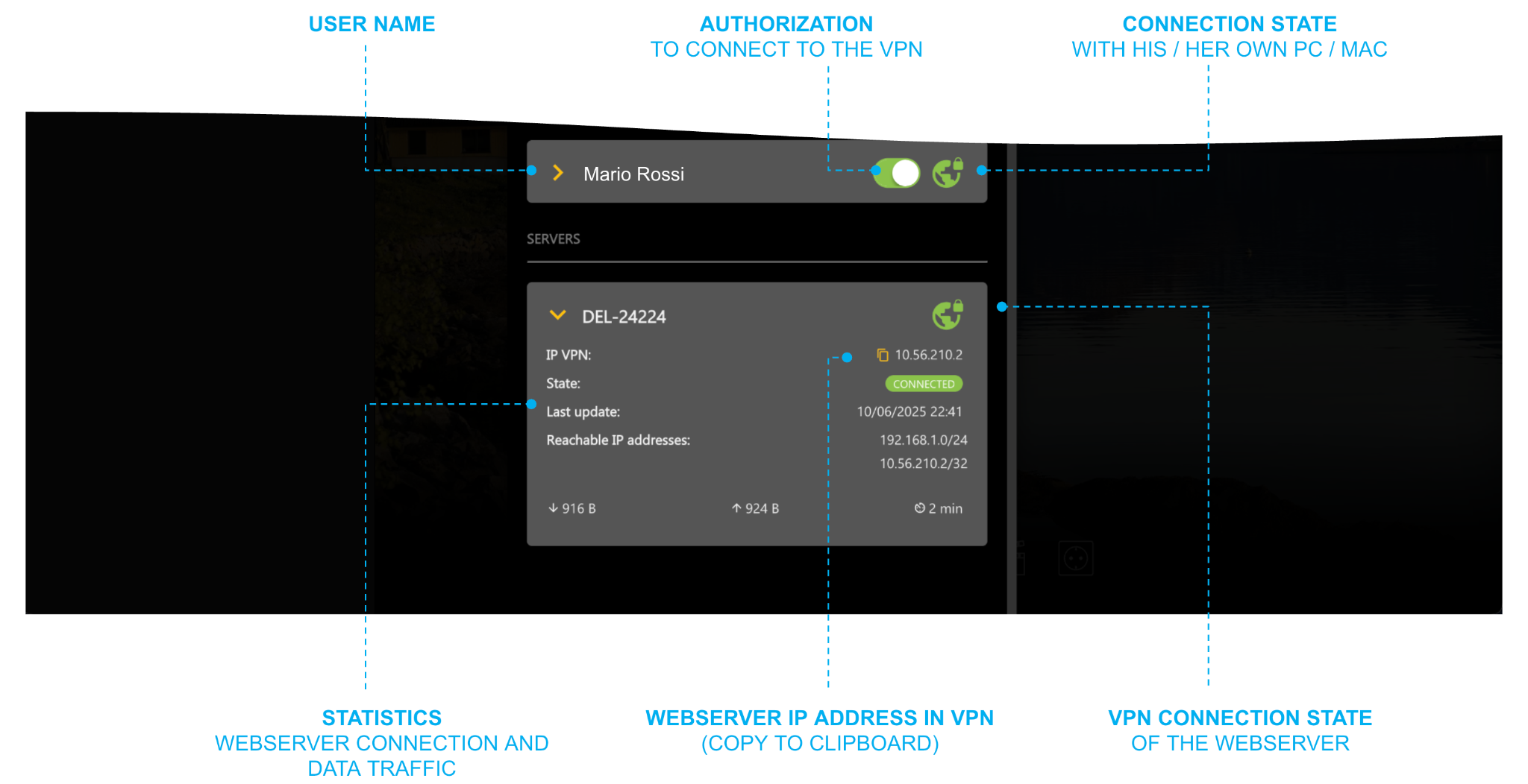 Connection and server cards of the VPN settings popup