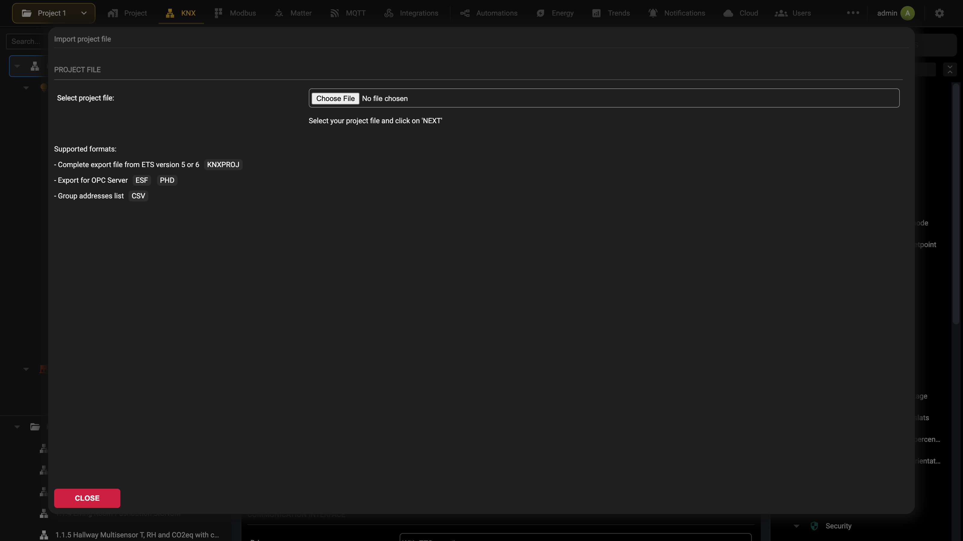 The import dialog before a file is chosen