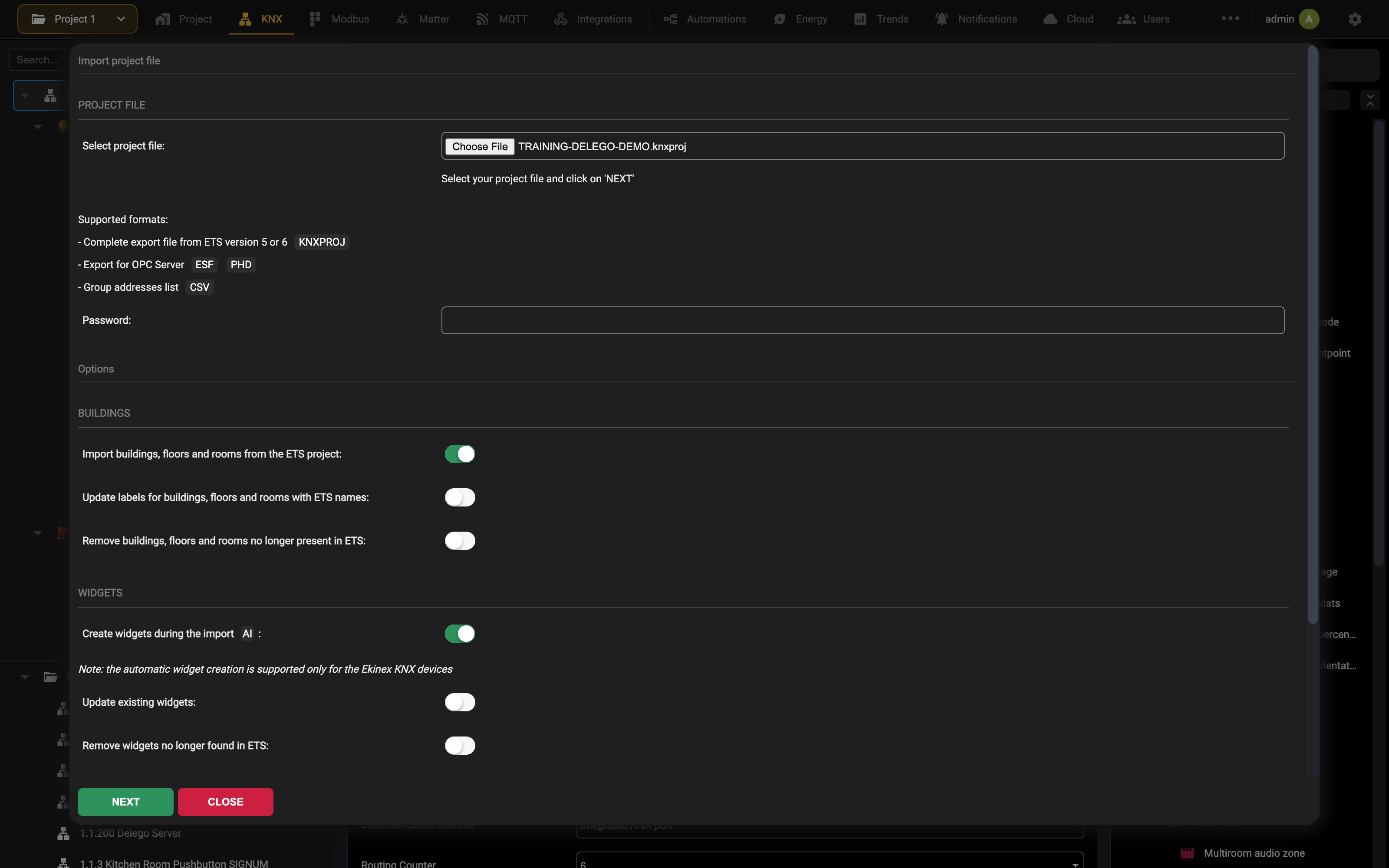 The import options for a KNXPROJ file