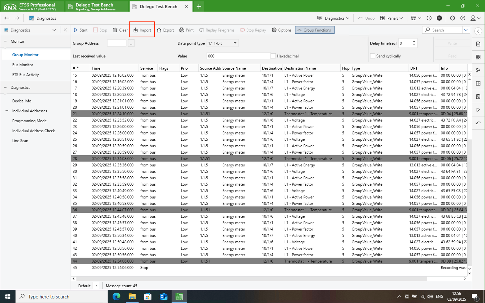 The exported log opened in the ETS group monitor