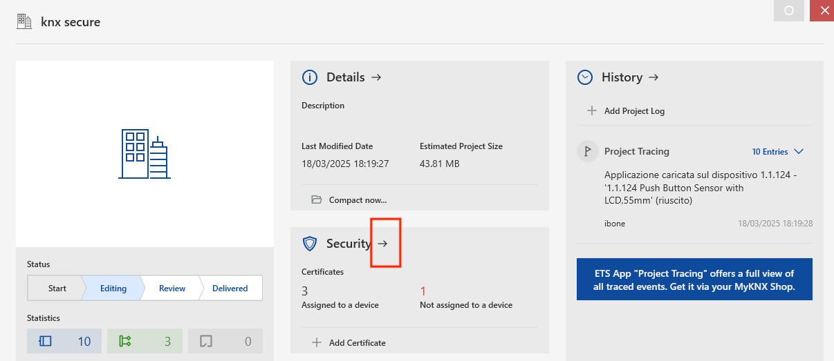 The Security card in the ETS project overview
