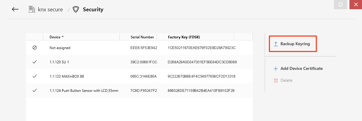 The certificate list with the keyring backup command