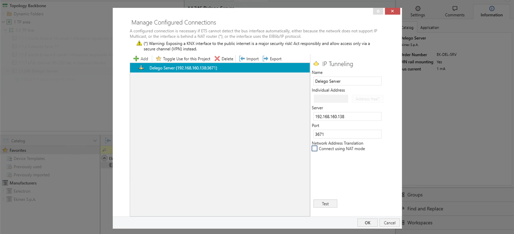 The configured connection to the server in ETS