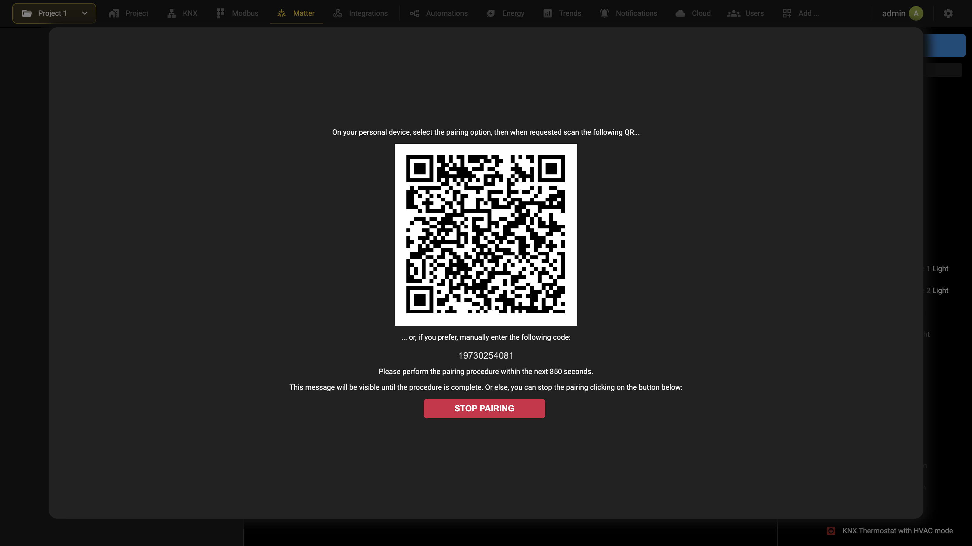 Pairing panel with the QR code