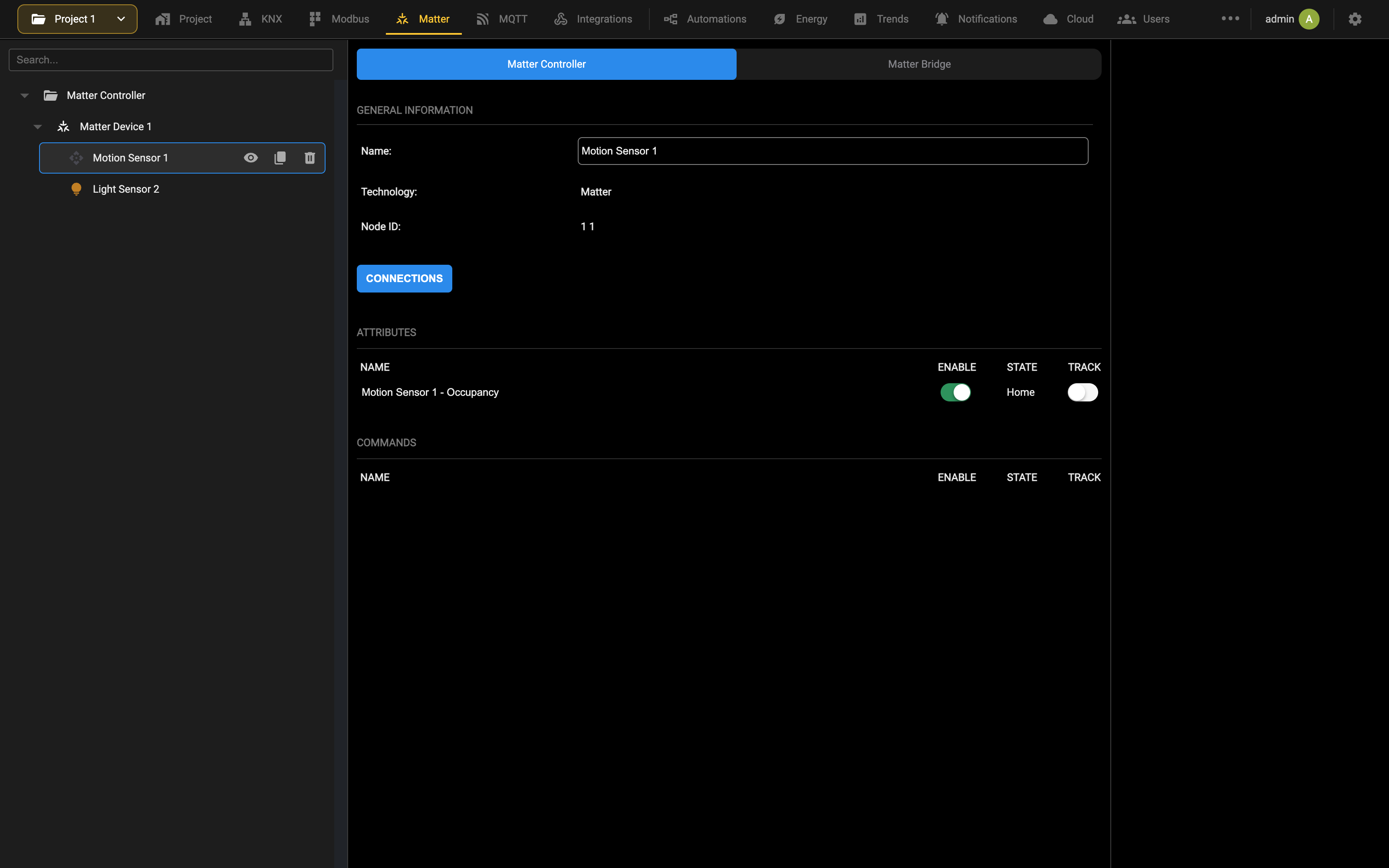 Attributes and commands of a MATTER widget