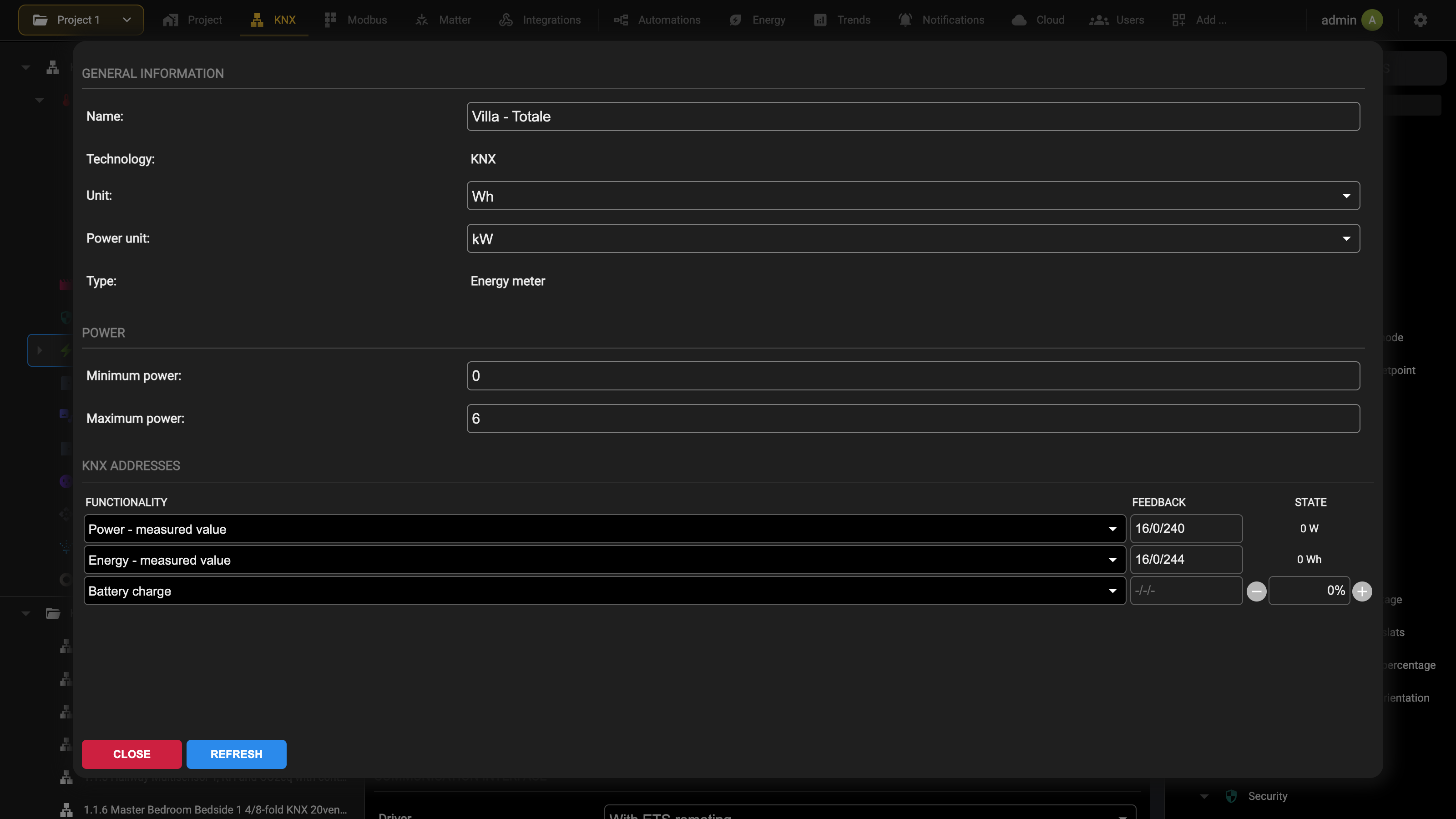 Settings of a KNX meter