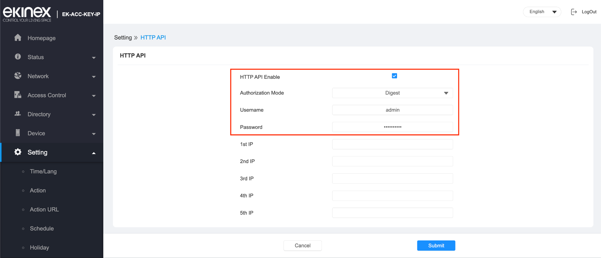 HTTP API page of the Accédo Key