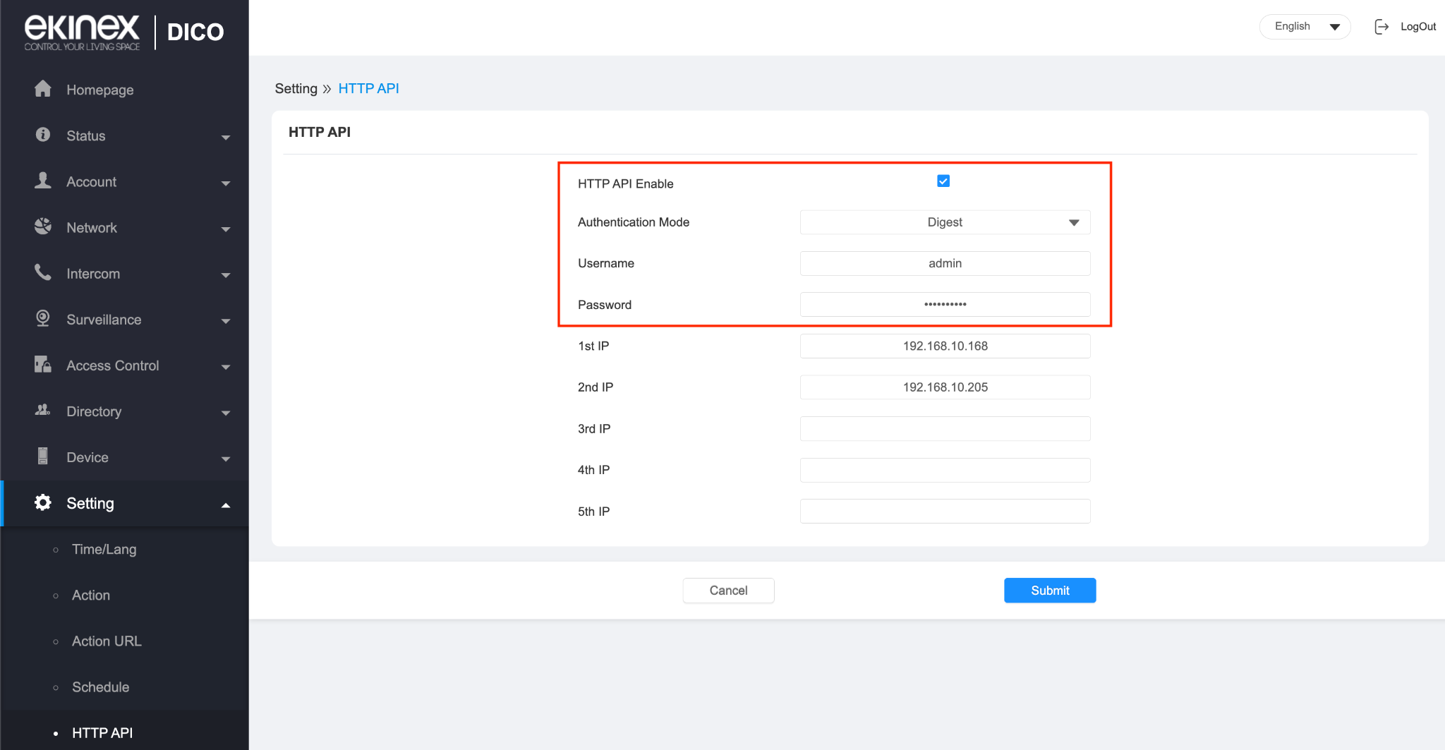 HTTP API page of the DICO