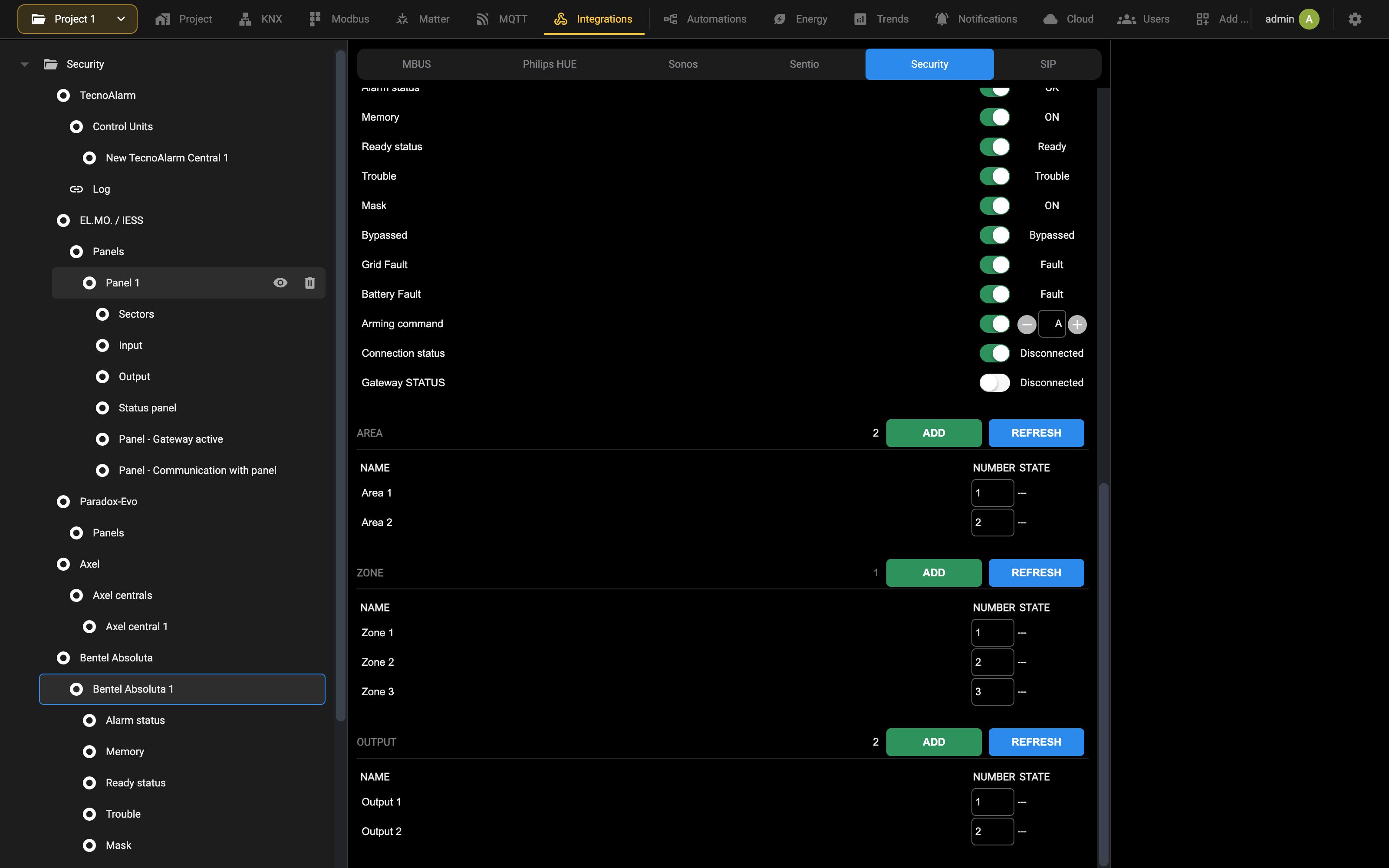 Areas, zones and outputs lists
