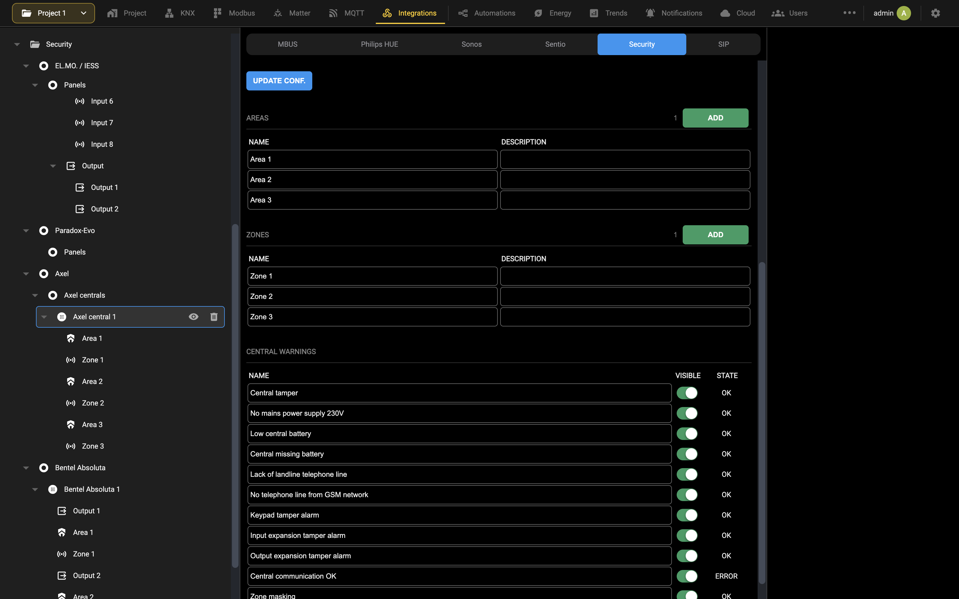 Axel panel record with the areas list