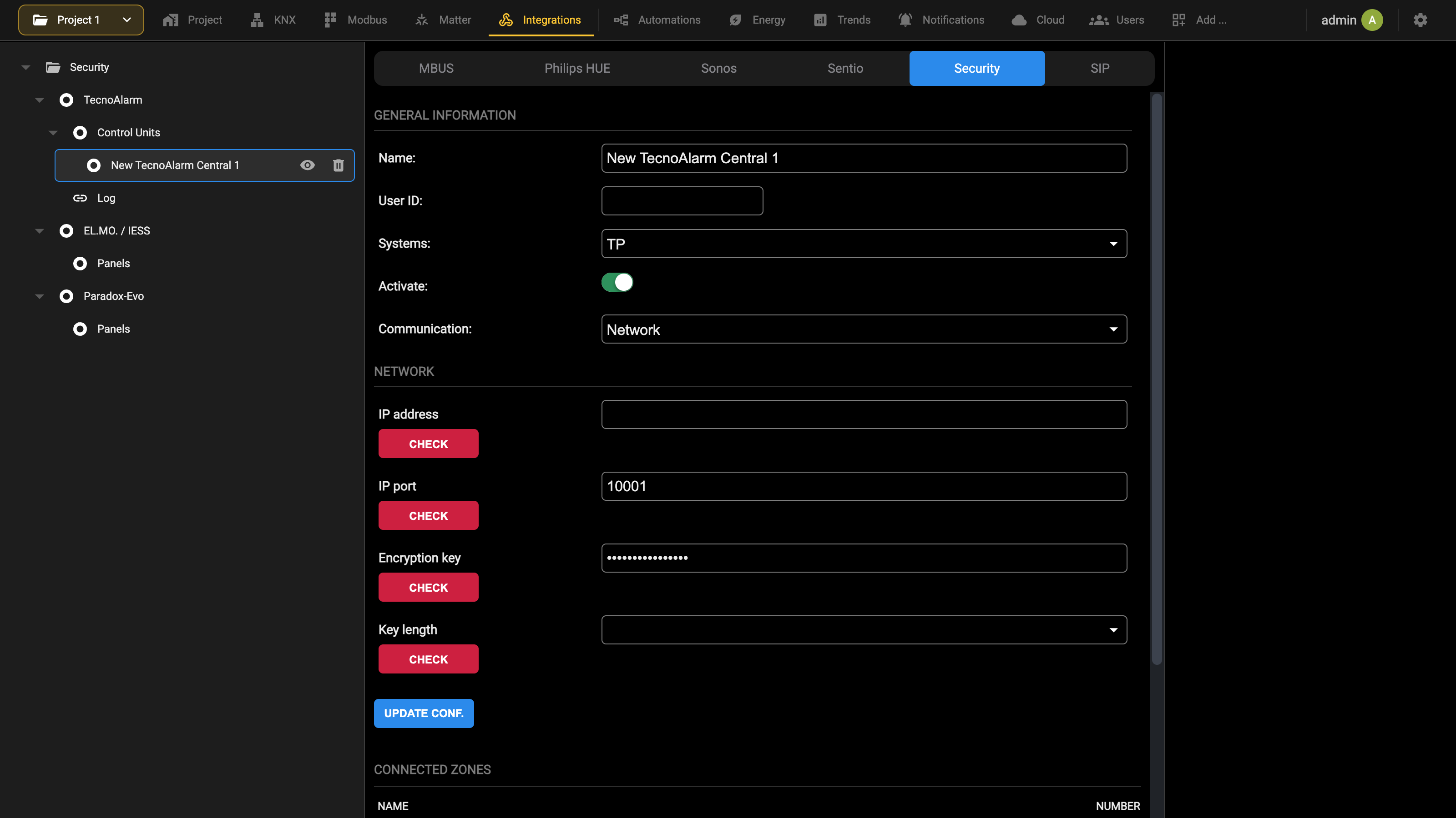 Control panel record in the administration