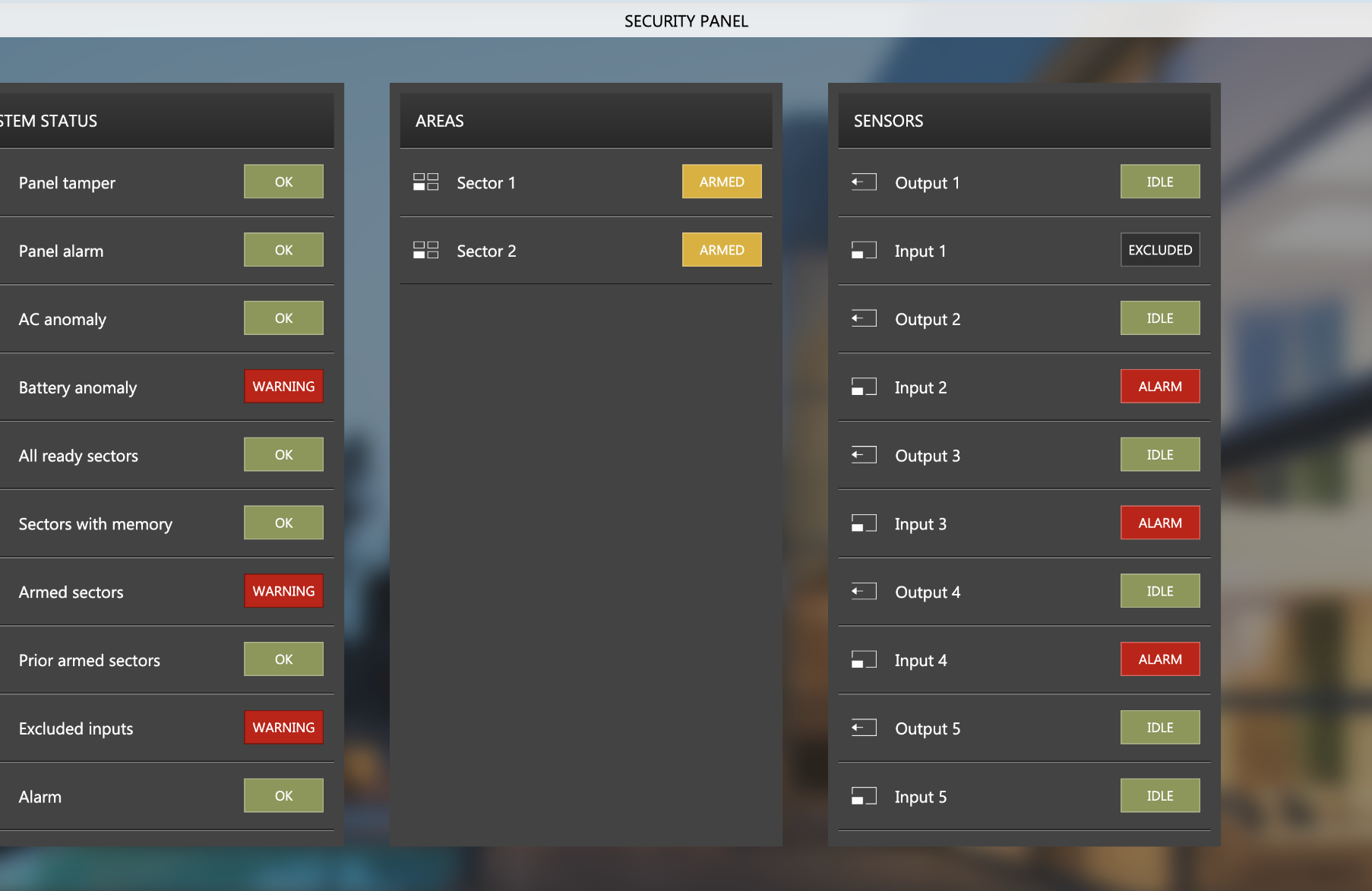 Security control panel in the Visualization