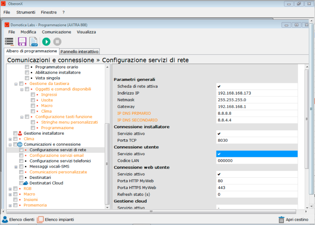 Network services page of the Oberon software