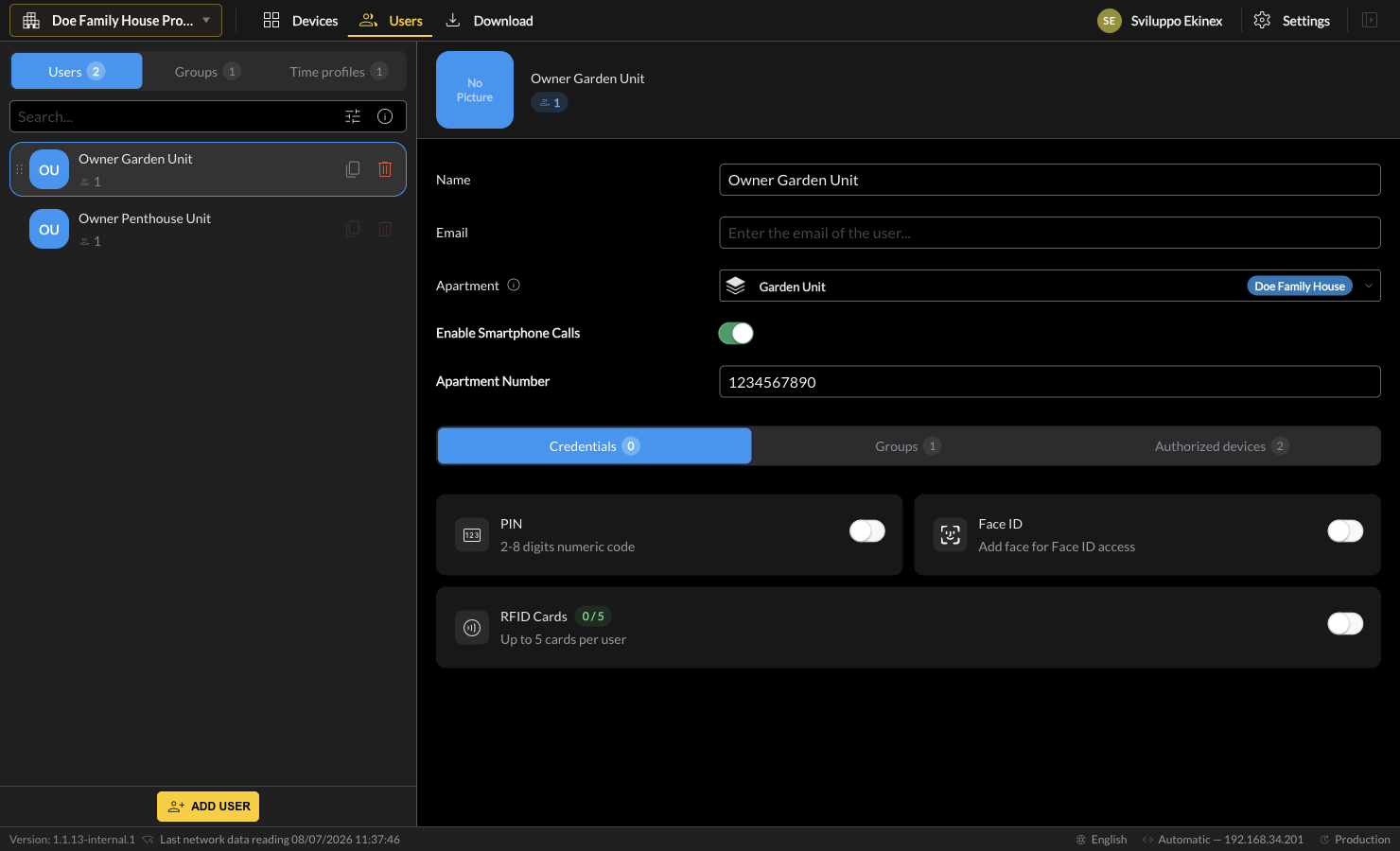 Users area overview