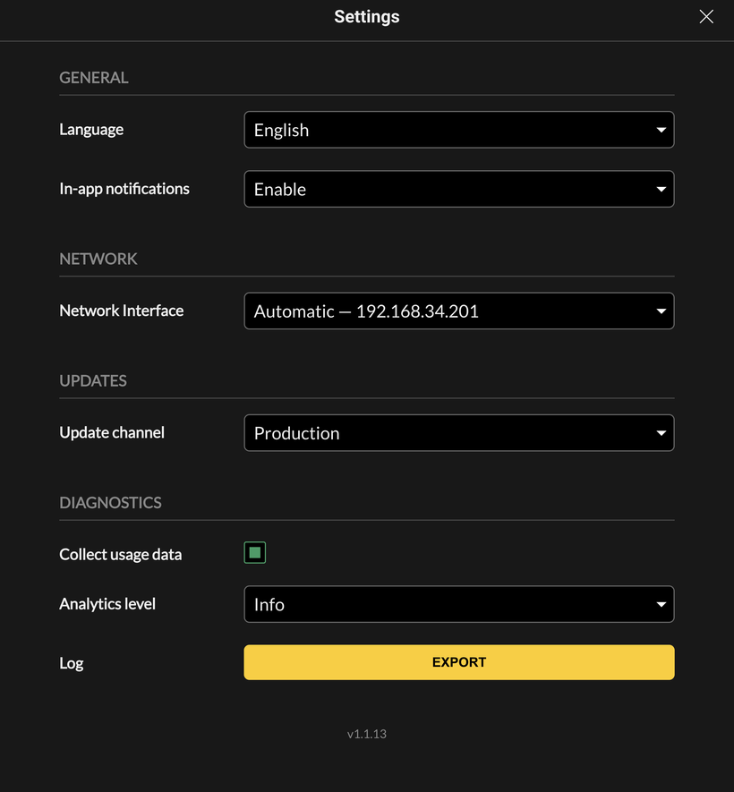 Ekinex Studio settings dialog
