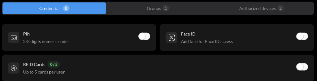 User credentials: PIN, Face ID, RFID
