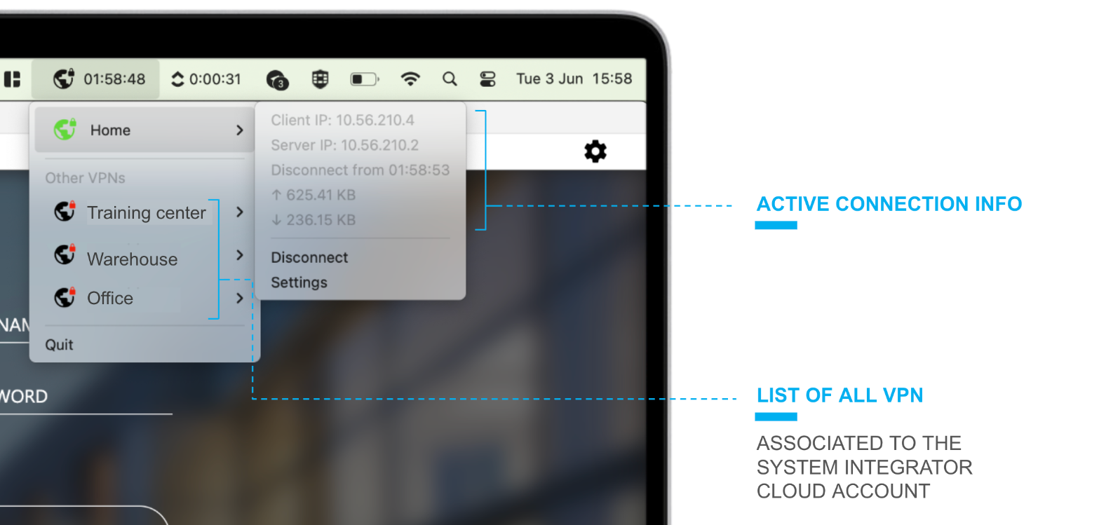 List of VPNs in the system bar menu