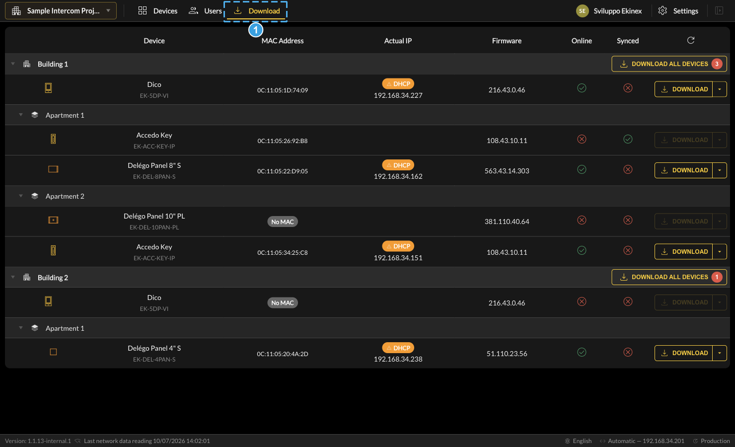 Opening the devices overview