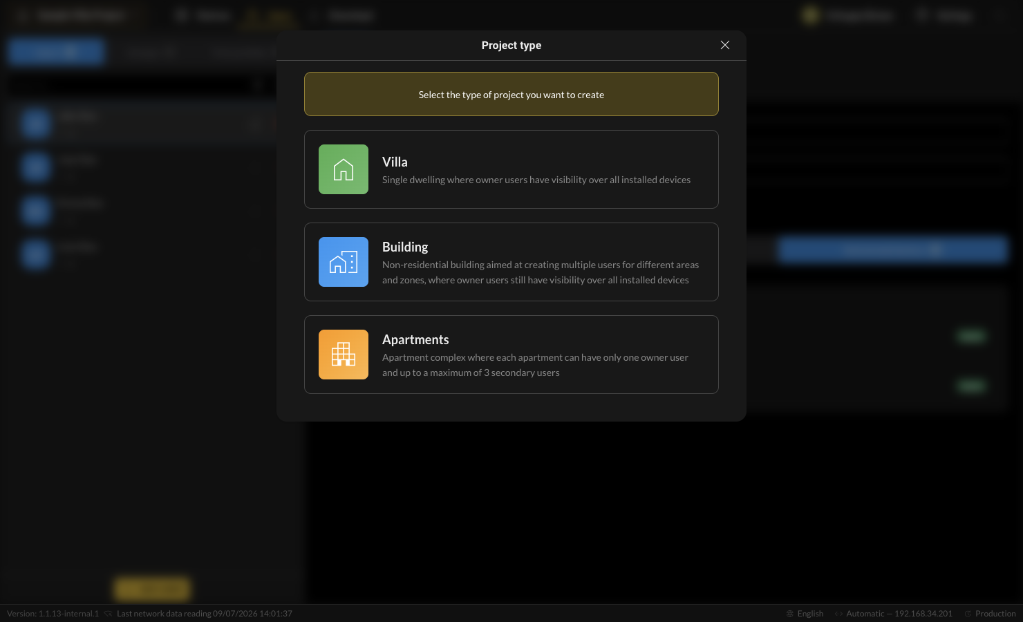 Project type selection