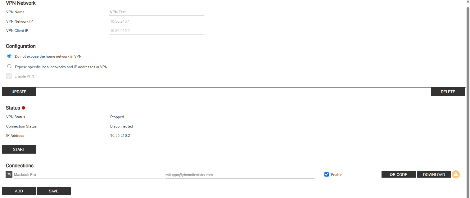 VPN connections panel