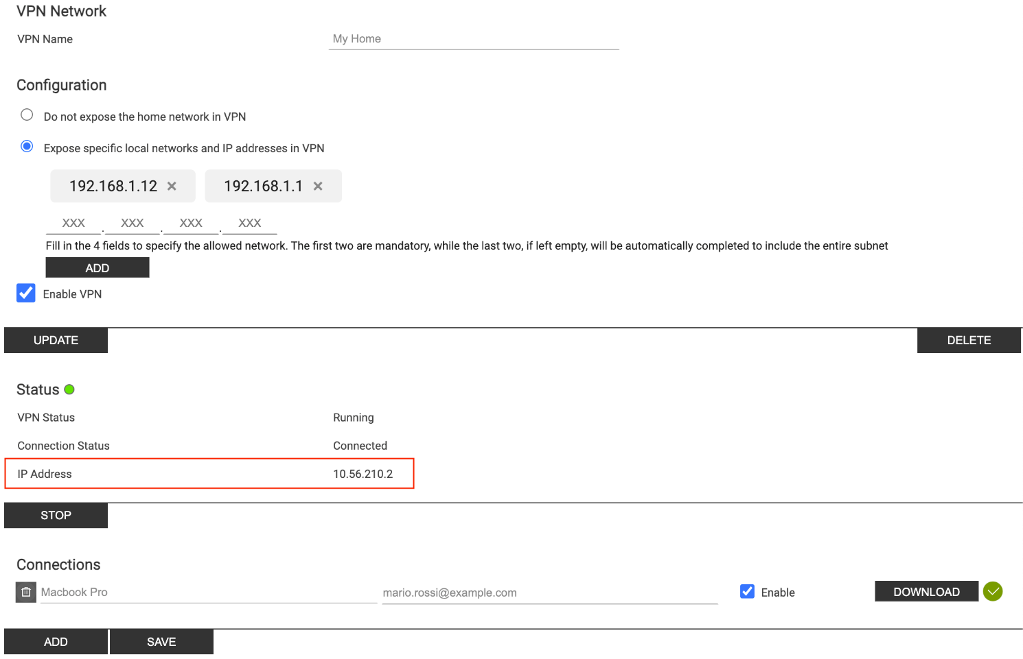 VPN status panel